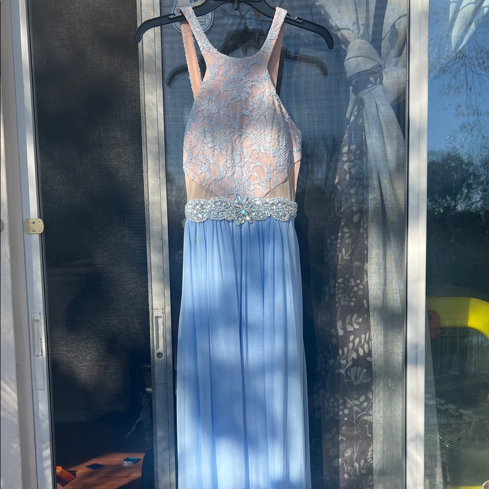 Jodi Kristopher Pastel Periwinkle Lace Prom Dress